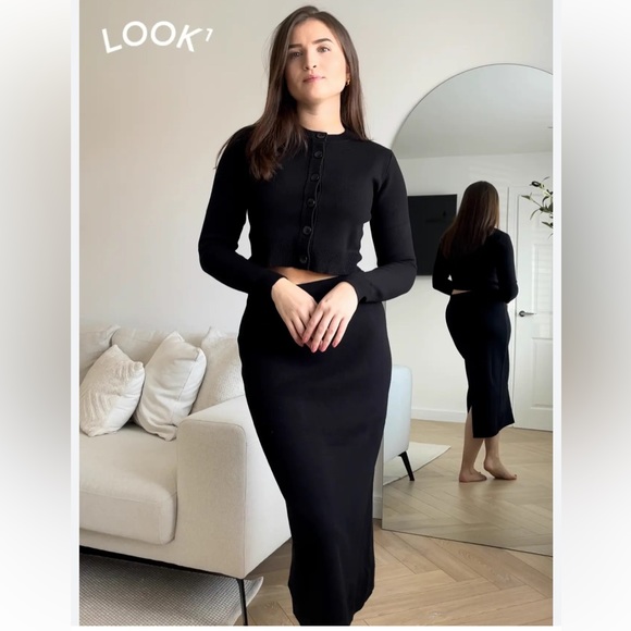 Zara Black High waisted Knit Midi Pencil Skirt elastic waistband Back Slit S NWT - Picture 11 of 16